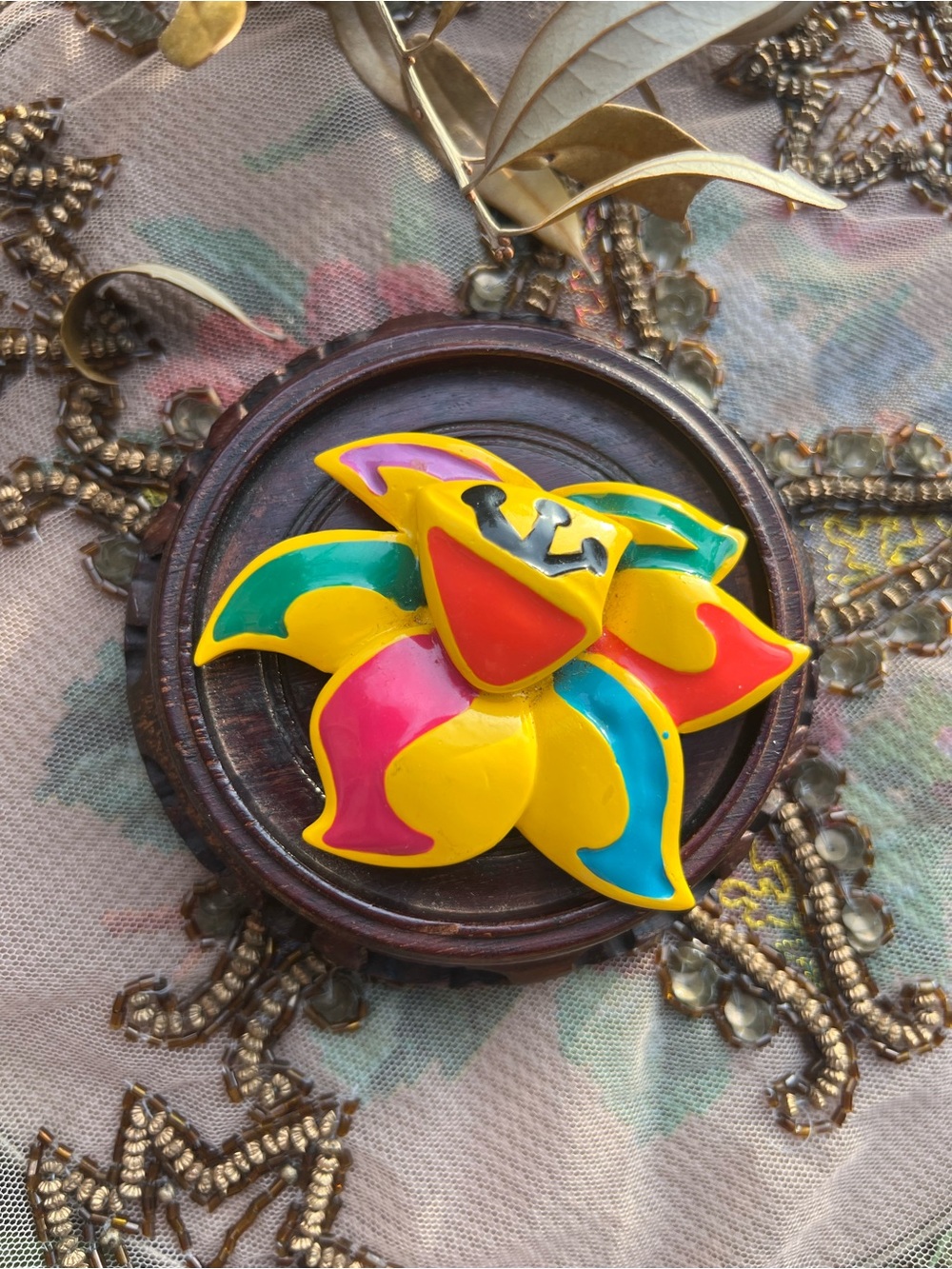 Colorful Enamel Floral Brooch in Yellow, Pink, Blue & Green